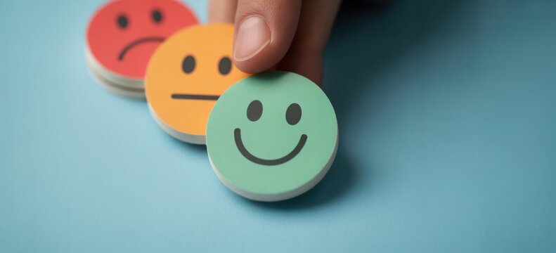 A hand choosing a happy green smiley face token among different mood indicators on a blue background. This image is perfect for customer feedback and satisfaction measurement concepts.