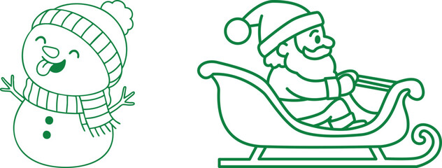 Fototapeta premium Cute Christmas line art featuring a cheerful snowman on a sled, Santa Claus, an adorable reindeer, and a deer character, isolated on a black background for holiday designs artwork.