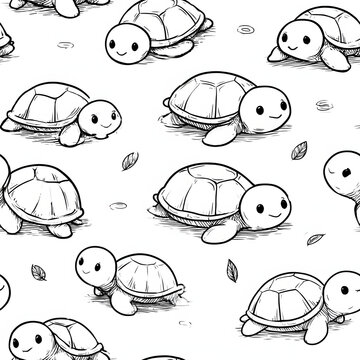 Cute Baby Turtle Seamless Pattern, Hand-Drawn Black and White Line Art