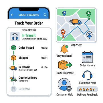 Order tracking interface displaying order status and a map showing the delivery route. Includes icons for order history, customer help, and delivery feedback