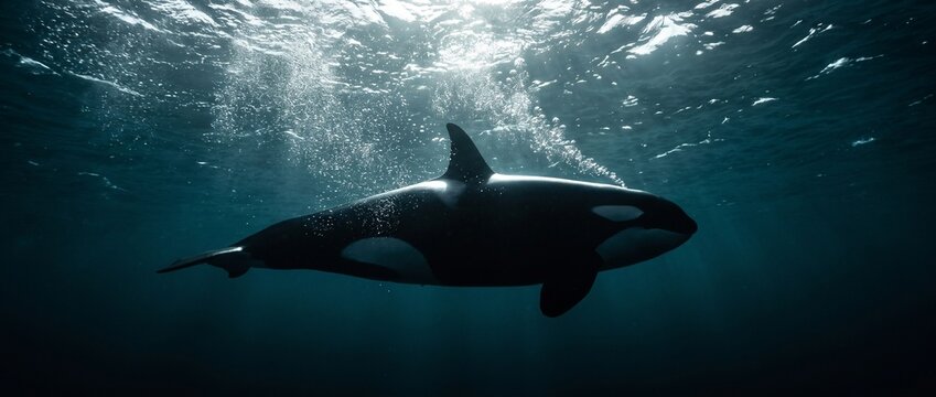 Orca Whale Underwater Majesty: A powerful orca whale glides through the deep blue ocean, its distinctive black and white markings illuminated by dappled sunlight filtering from the surface.
