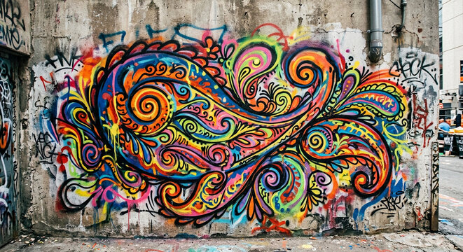 Colorful Paisley Graffiti Mural on Concrete Wall