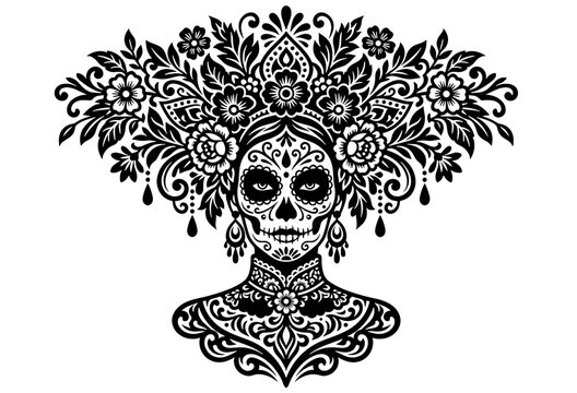 Day of the Dead Catrina Portrait, Mexican Sugar Skull Woman Vector Silhouette with Floral Crown, Dia de los Muertos Decorative Lace Element