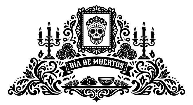 Dia de los Muertos Traditional Altar Ofrenda Vector, Sugar Skull Picture Frame with Candelabra and Pan de Muerto, Mexican Day of the Dead Banner