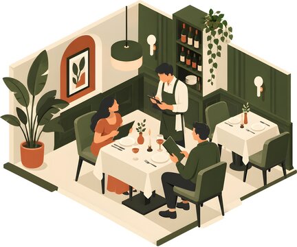 3D isometric illustration of a waiter taking an order from a couple in a restaurant