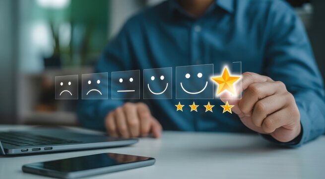 A businessman touching a glowing five star rating icon to give positive feedback. Customer satisfaction concept for service quality evaluation ads.