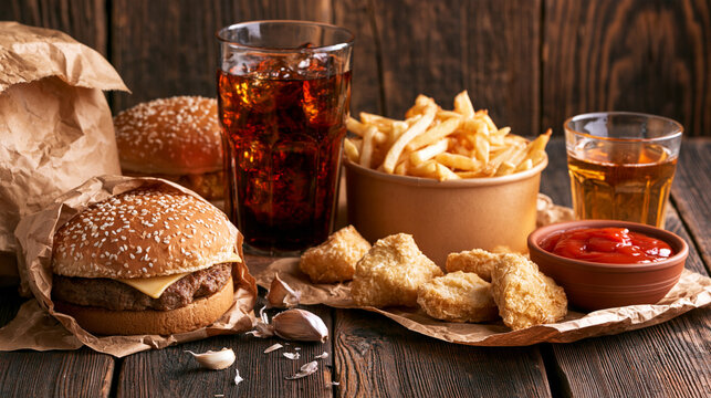Fast food cheeseburger with fries and soda on rustic wooden table french fries junk food
