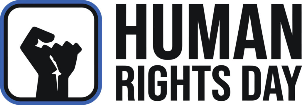 Bold human rights lettering with clenched fist icon in rounded square black white logo freedom justice equality protest emblem design