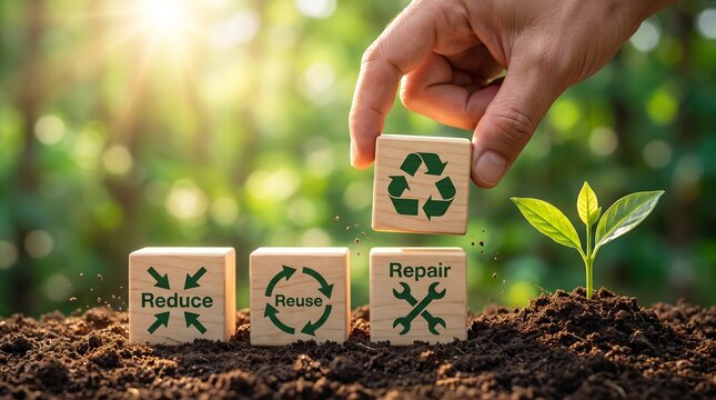 Circular Economy 4R Strategy with Hand Stacking Recycle Block Above Reduce, Reuse and Repair Principles