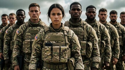 Obraz premium Diverse group of serious soldiers in camouflage uniforms stand in line. Multiracial military personnel show determined faces ready for combat mission. Brave army troops wear tactical gear, protective