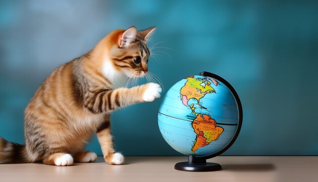 a cat playing with a globe with copy space