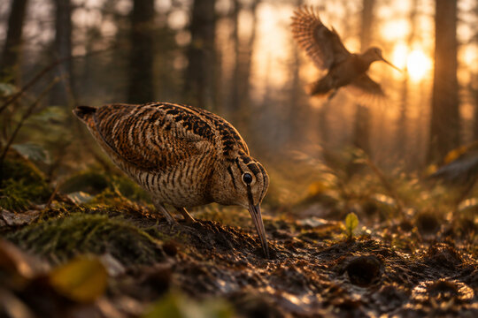 Woodcock in forest clearing during golden hour, long beak probing soil with soft focus background.