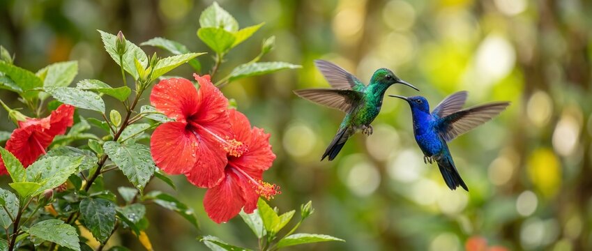 Two Hummingbirds and Hibiscus: Two vibrantly colored hummingbirds, one emerald green and the other sapphire blue, hover in mid-air, seemingly about to kiss.