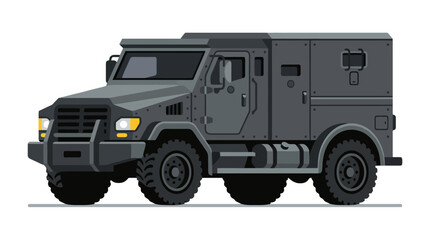 Obraz premium A dark grey armored tactical vehicle stands on white background