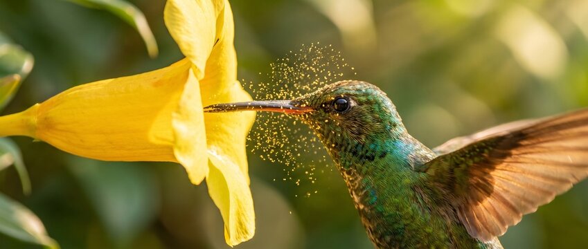 Hummingbird Feeding on Yellow Flower: A vibrant hummingbird with iridescent green plumage hovers delicately as it sips nectar from a bright yellow trumpet flower, golden pollen dusting its beak.