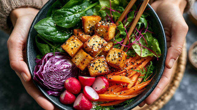Hands holding a healthy poke bowl with grilled tofu and colorful vegetables bowl food vitamins