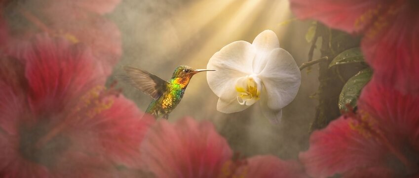 Hummingbird Nectar: A vibrant hummingbird, with iridescent feathers, sips nectar from a delicate white orchid, bathed in ethereal sunlight filtering through a hazy, floral frame.