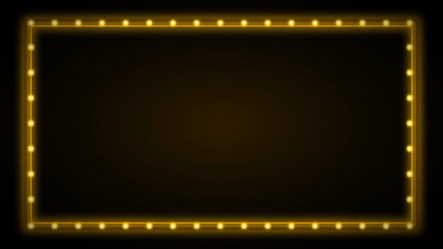 Vibrant yellow light bulb frame illuminating a dark theatrical stage, creating a glamorous spotlight border for a classic retro marquee display or announcement