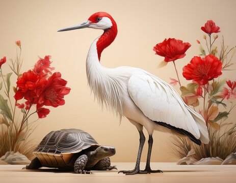 a white crane with red head stands near a tortoise and red flowers on a beige background