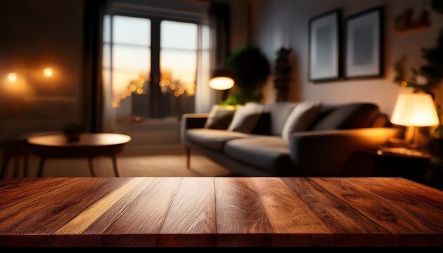 a wooden table surface in a living room empty product background low angle nighttime home interior foreground shallow depth of field vignette your product here empty foreground space