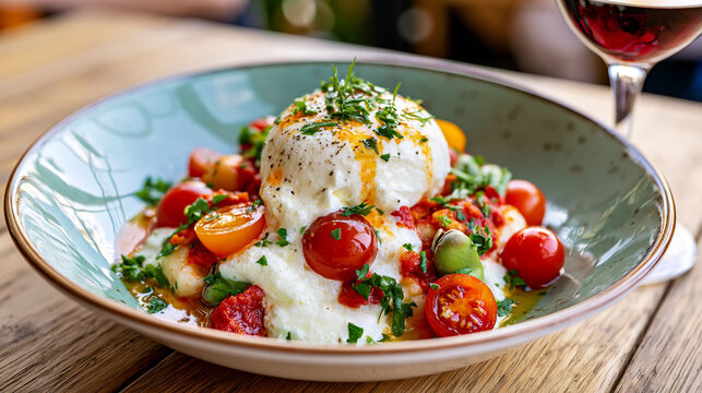 Fresh burrata cheese with heirloom tomatoes and olive oil on a ceramic plate