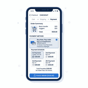 Smartphone displaying a checkout screen with order summary and payment method options, including a buy now, pay later installment plan