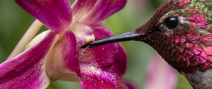 Hummingbird Feeding on Orchid: A vibrant hummingbird with iridescent feathers sips nectar from a delicate pink and purple orchid, captured in a moment of natural beauty and delicate motion.