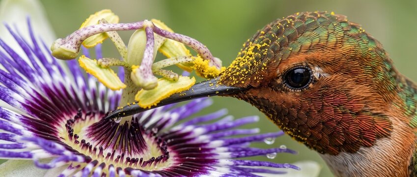 Hummingbird Nectar Feast: A vibrant hummingbird with iridescent feathers delicately sips nectar from a striking purple and white passion flower.