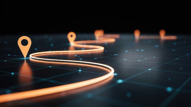 A glowing orange path with map pin markers winds across a dark digital grid under moody lighting. Ideal for navigation and logistics technology concepts.