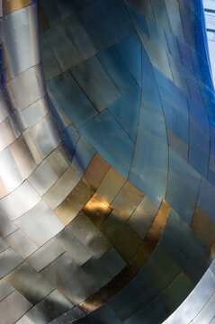View of the curved, metallic, panelled exterior of the Museum of Pop Culture in Seattle, Washington, United States.