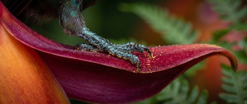 Bird's Foot on a Vibrant Petal: A close-up shot captures the intricate details of a bird's clawed foot resting delicately on a velvety, deep red petal.