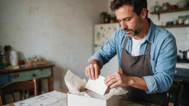 Small business owner packing a holiday order at home