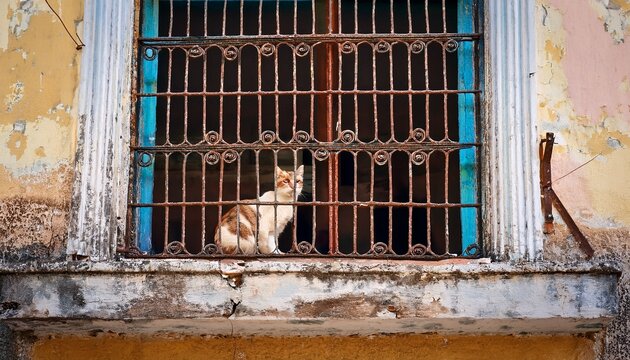 cat behind the bars of a deteriorating window in havana cuba reflecting aging housing and urban decay amid the country s severe economic crisis