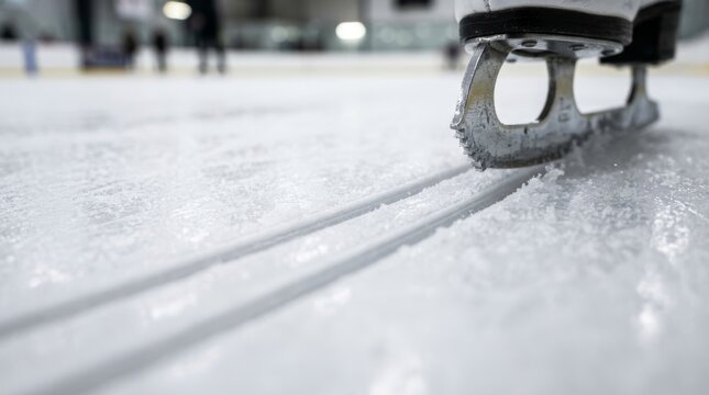 Ice skate blade is cutting the ice surface leaving parallel tracks on the rink.