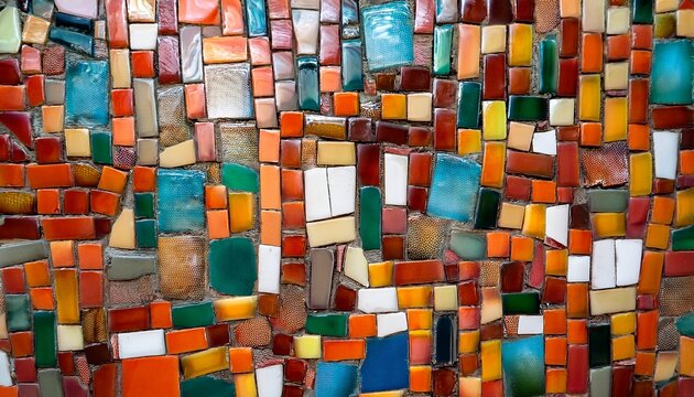 close up of a mosaic wall with irregular ceramic tile pieces in various colors