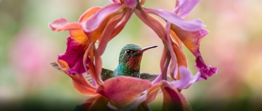 Hummingbird Sipping Nectar: A tiny hummingbird, with iridescent plumage, hovers within the delicate petals of a vibrant orchid, its long beak reaching for sweet nectar.