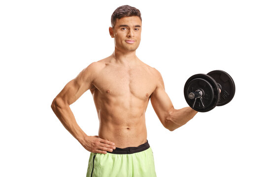 Muscular man doing a bicep curl with a dumbbell while holding his hand on his hip
