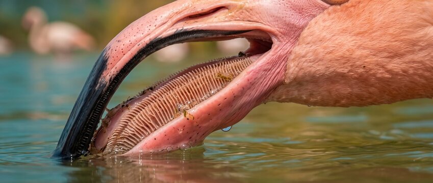 Flamingo Feeding Frenzy: A close-up shot captures a flamingo filtering food from water with its unique beak, showcasing intricate details of its feeding mechanism in its natural aquatic habitat.