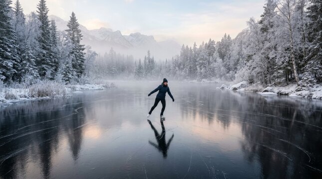 A woman is ice skating on a frozen lake surrounded by snowy trees.