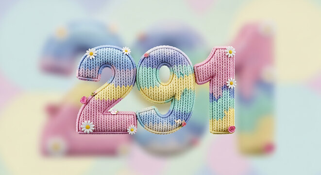 Creative 291 numbers made of knitted texture with flowers and soft pastel background