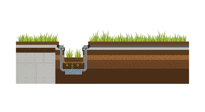 Cross-section of sustainable drainage system showing underground layers and green infrastructure.