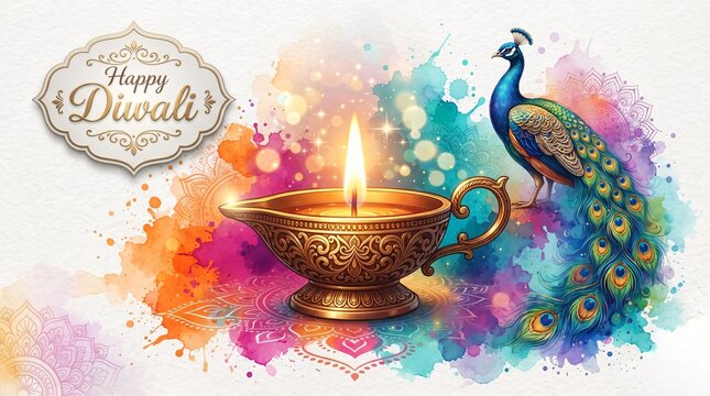 Happy Diwali Watercolor Greeting Banner with Beautiful Peacock and Golden Diya