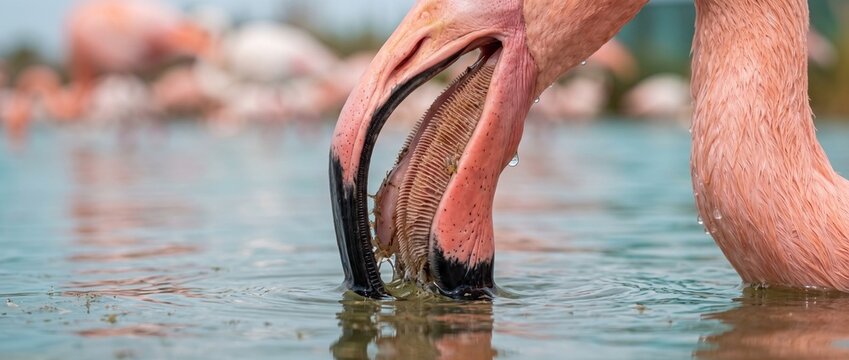 Flamingo Legs in Water: A close-up shot showcases the delicate pink legs and webbed feet of a flamingo as it wades through shallow, turquoise water, with a blurred background of other flamingos.