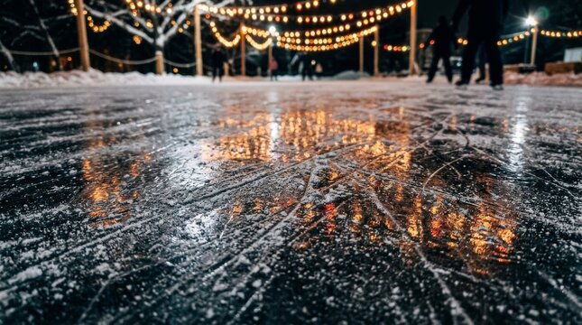 People skating on an outdoor ice rink decorated with warm glowing lights at night.