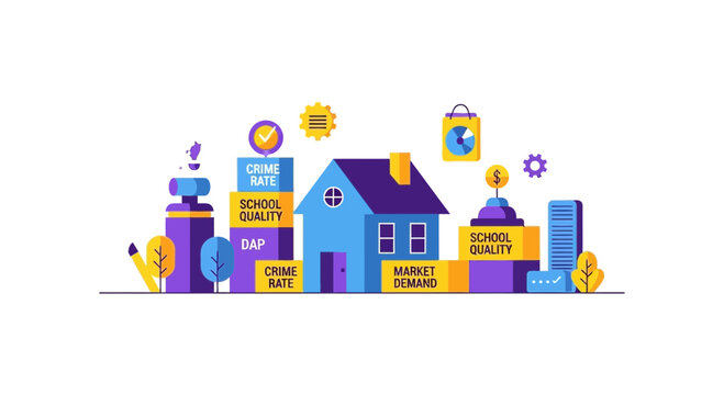 Real Estate Property Valuation Factors and Market Analysis Vector Illustration