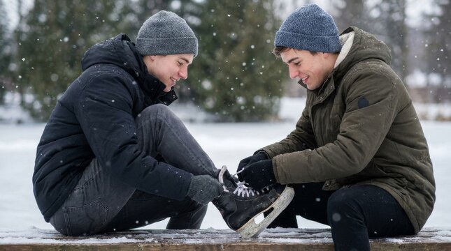 Two young men sitting on a bench outside tying ice skates in the snow.