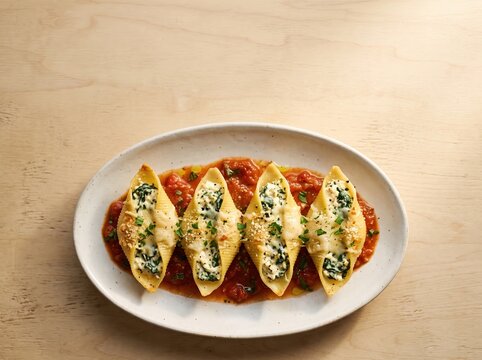 Stuffed pasta shells with spinach ricotta on tomato sauce