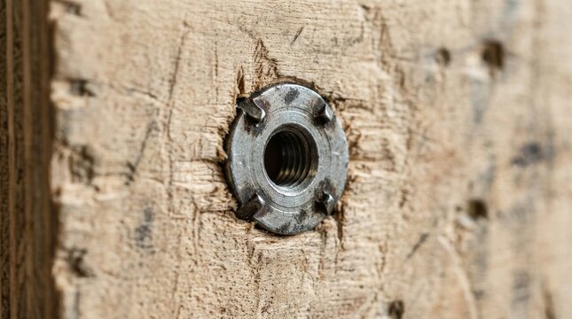 A metal tee nut is embedded inside a piece of rough wooden board.