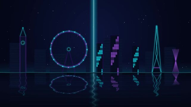 Vibrant neon cityscape outlines glow brightly reflected in dark water under a starry night sky futur