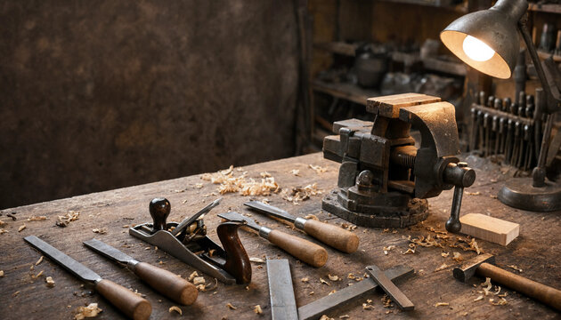 Vintage carpentry workbench with traditional woodworking tools hand plane chisels vise hammer and wood shavings illuminated by warm desk lamp light